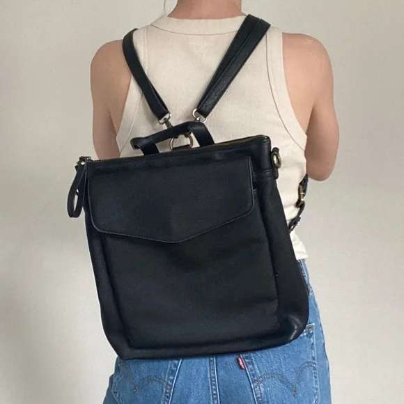 Anthropologie Antik Kraft Black Vegan Leather Convertible Backpack Diaper Bag - Picture 2 of 8